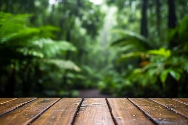 Rainy Tropical Setting Empty Wooden Table Generative AI