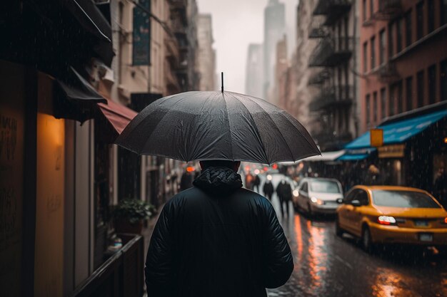 Rainy weather a man with an umbrella walks down the street illustration Generative AI