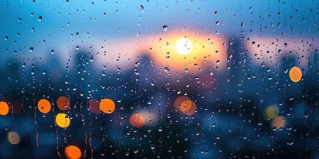 Rainy window with blurry city lights in the background Bokeh out of focus gloomy weather melancholic