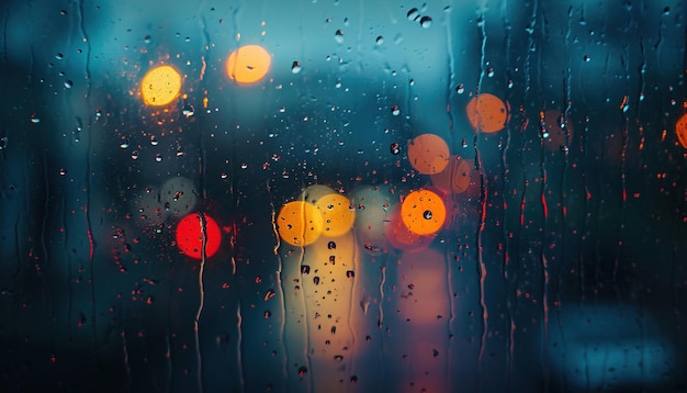 Rainy window with blurry city lights in the background Bokeh out of focus gloomy weather melancholic