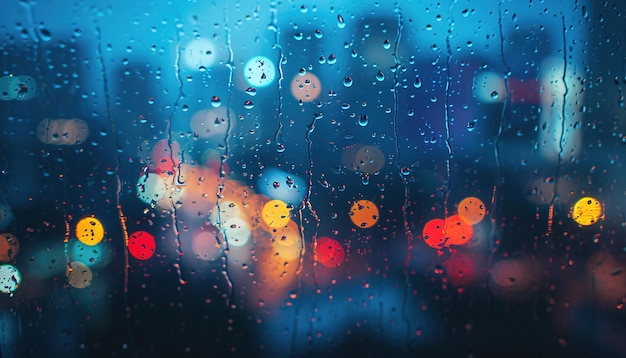 Rainy window with blurry city lights in the background Bokeh out of focus gloomy weather melancholic