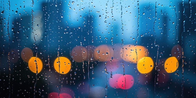 Rainy window with blurry city lights in the background Bokeh out of focus gloomy weather melancholic