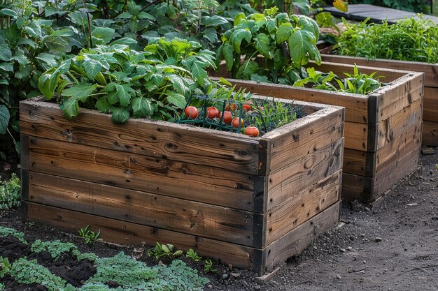 Photo raised bed vegetable garden with companion plants