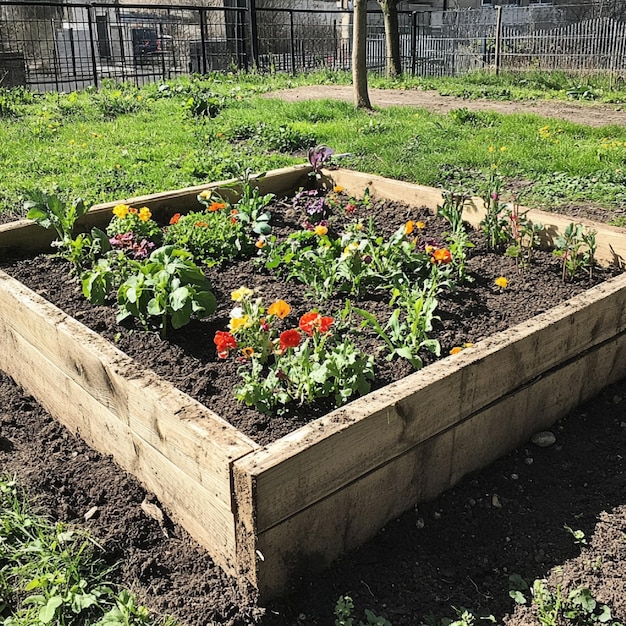 Photo a raised bed with a mix of soil compost and organic matter