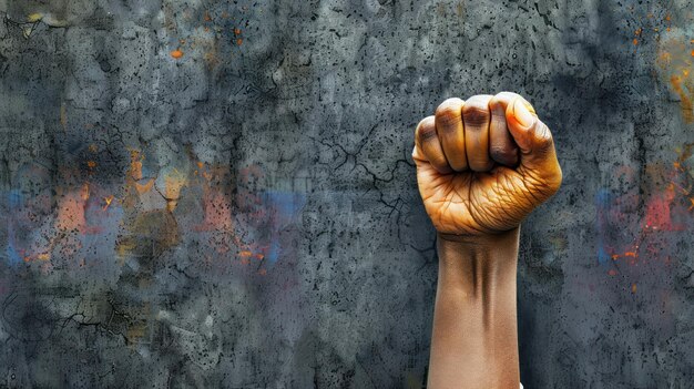 Photo a raised fist against a concrete wall