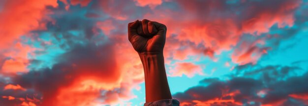 Raised fist against a dramatic red and blue sky symbolizing power and resistance