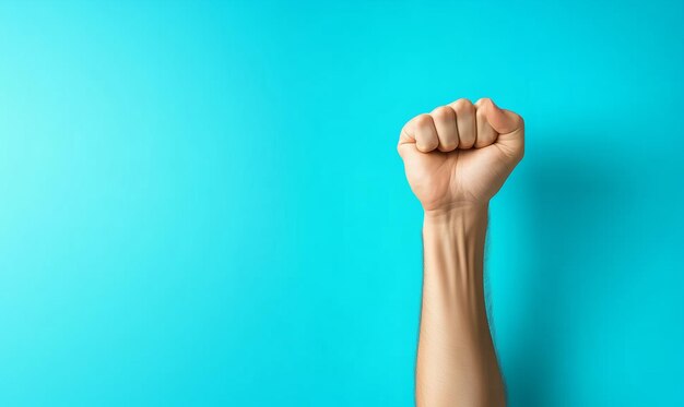 Photo a raised fist expressing strength against a blue background