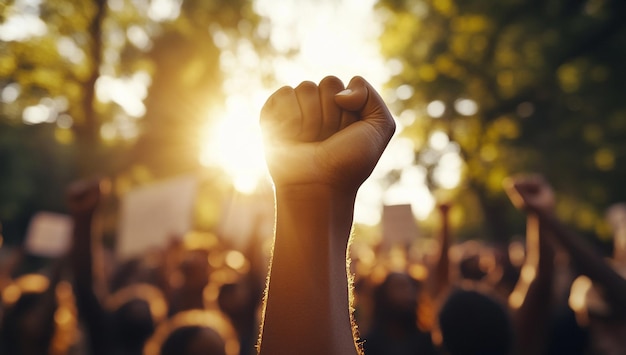 Photo raised fist at a human rights demonstration with protest signs in a blurred crowd background