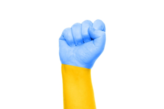 Raised fist painted with flag of Ukraine