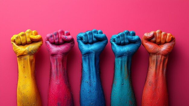 Photo raised fists that shows unity and resistance with colorful pink background