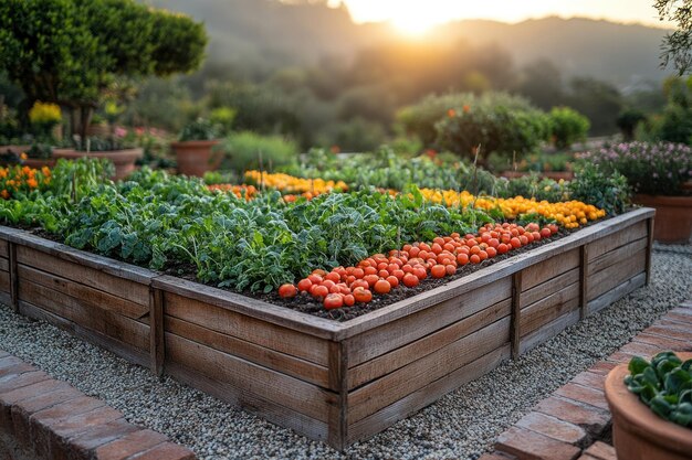 A raised garden bed with a variety of vegetables and herbs growing in it The sun is setting in the background