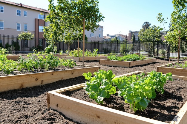 Photo raised garden beds with green plants in a residential backyard