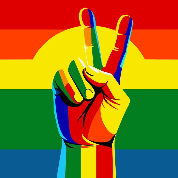 raised hand victory sign against rainbow background symbolizing triumph solidarity lgbt community