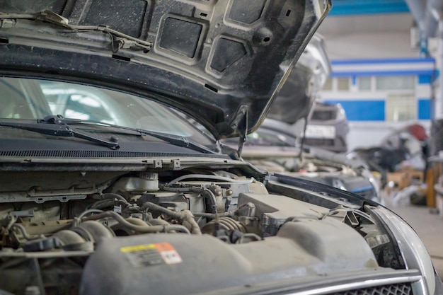 Raised hood of a car standing in the garage of a car shop