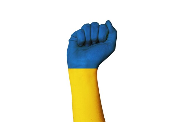 Raised Ukrainian fist flag on white background Stop war Putin invasion