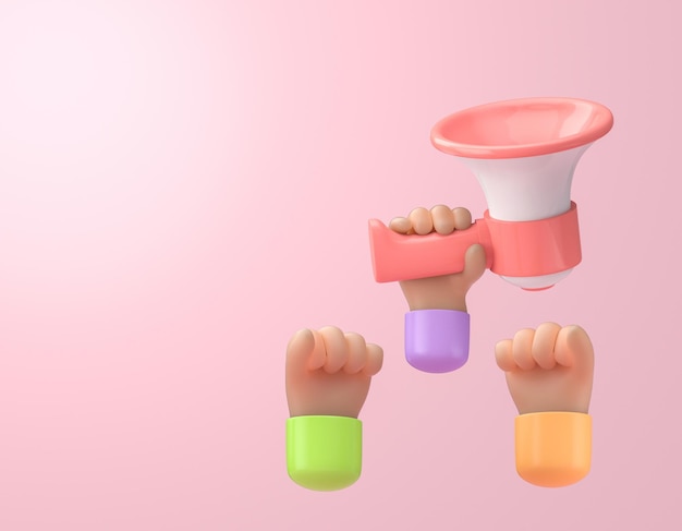 Raising hands with 3D megaphone 3D render