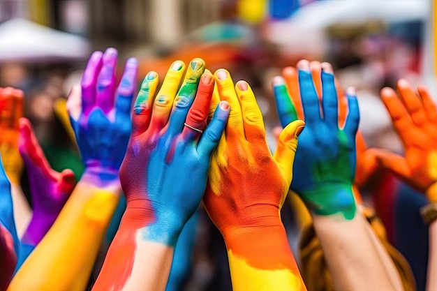 Raising Pride Open Hands Painted in the Colors of the LGBT Rainbow Flag Generative AI