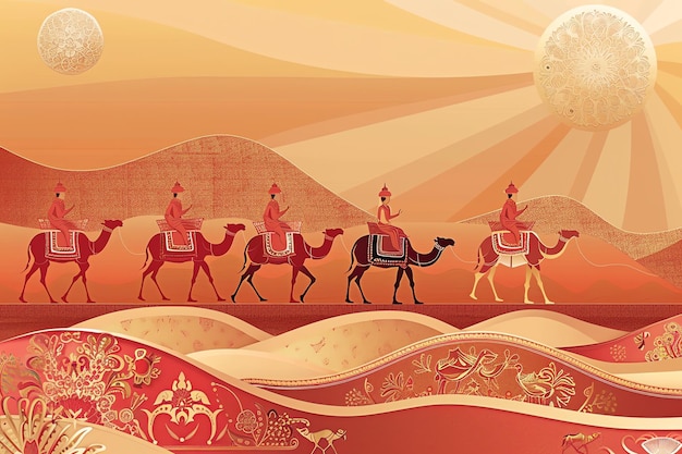 Rajasthani camel caravan in the desert Indian background concept