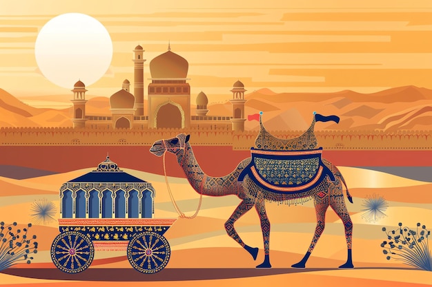 Rajasthani camel cart in a desert landscape background