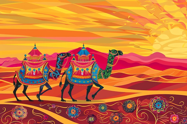 Rajasthani camel cart in a desert sunset background