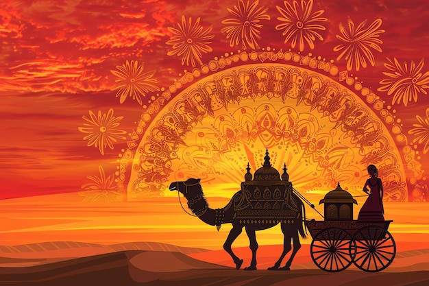 Rajasthani camel cart in a desert sunset background