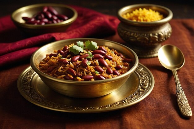 Photo rajma chawal in a traditional brass plate with a spoo