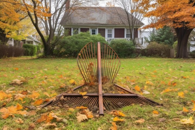 Rake resting on a lawn covered with fallen leaves created with generative ai