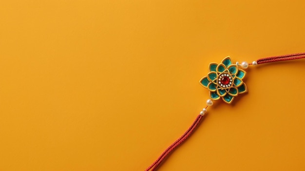 Photo rakhi with red threads on yellow background