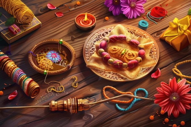 A rakhi with vibrant colors sweets like laddoos and barfis and diya lamps set for Raksha Bandhan on wood