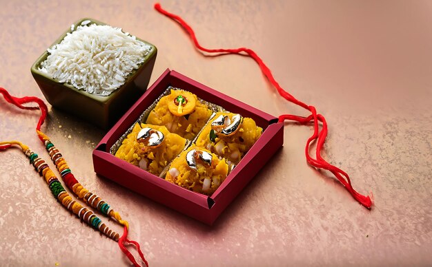 Raksha bandhan greeting rakhi and gift with sweet or kaju katli and rice grains kumkum Ai generated