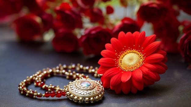 Raksha bandhan rakhi with flowers and kumkum