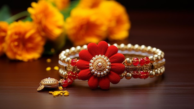 Raksha bandhan rakhi with flowers and kumkum