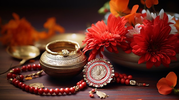 Raksha bandhan rakhi with flowers and kumkum