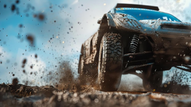 Photo a rally car powersliding through a muddy track the vehicle covered in mud and the tires spinning wi