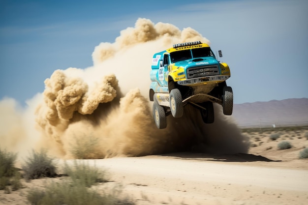 Rally truck flying through the air with driver navigating tricky jump