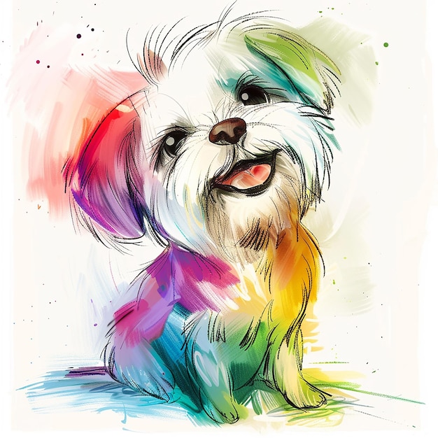 Photo ralph steadman style character a cute looking little dog smiling with in a thick line hand drawn s