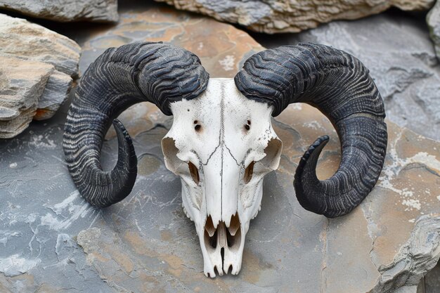 Photo a ram skull with large horns on a rock