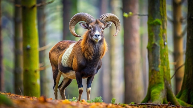 Photo a ram with horns is standing in the woods