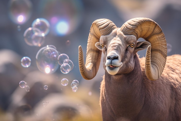 a ram with large horns blowing bubbles