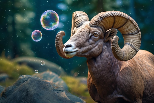 a ram with large horns blowing bubbles