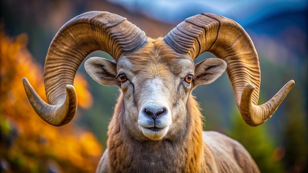 a ram with large horns has a brown face and horns