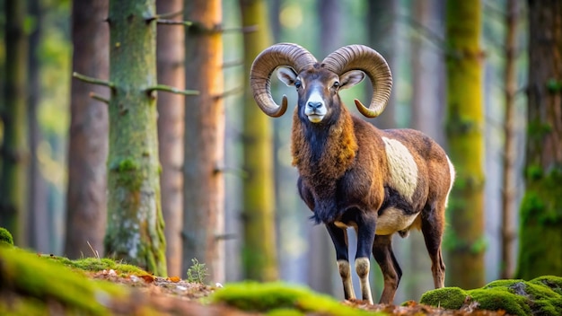 a ram with large horns stands in a forest