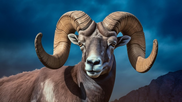 A ram with large horns stands in front of a blue sky.