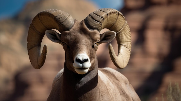 A ram with large horns stands in front of a rocky background.