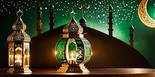 Ramada Mubarak Islamic greeting background with lantern crescent moon and mosque dark green