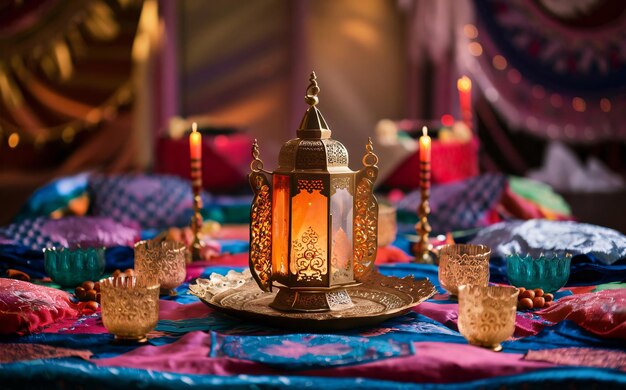 Photo ramadan background and food and lantern