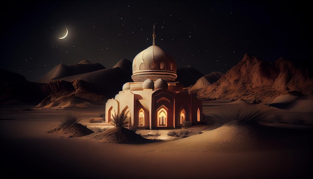 Ramadan background Mosque building AI generated Night blue view of starry sky bright moon light half a month