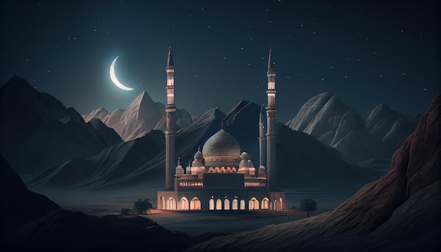 Ramadan background Mosque building AI generated Night blue view of starry sky bright moon light half a month