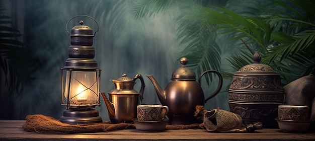 Ramadan background for Ramadan lantern Arabic coffee pot and cups with palm leaves