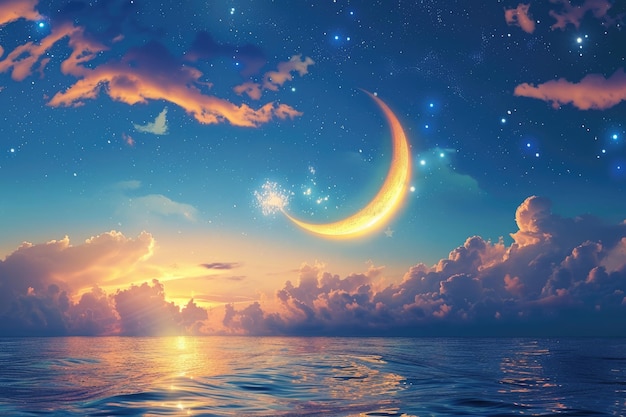 Ramadan background with crescent stars glowing clouds above sea